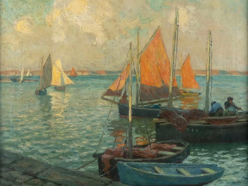 1877-Marie Løkke - Scena del porto al tramonto